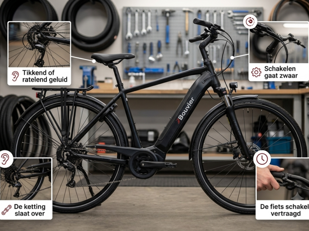 Elektrische fiets schakelt niet goed met symptomen zoals overslaande ketting, zwaar schakelen en ratelend geluid.