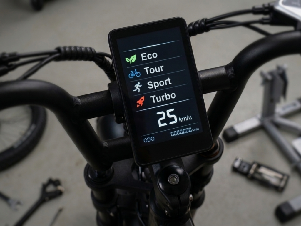 Display van een elektrische fiets waarop de ondersteuningsstanden Eco, Tour, Sport en Turbo zichtbaar zijn wanneer een elektrische fiets zwaar trapt.