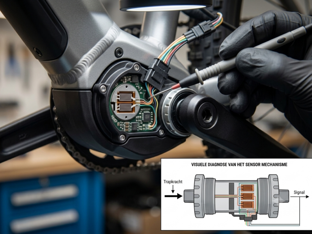 Monteur controleert de trapkrachtsensor van een middenmotor omdat een elektrische fiets trapt zwaar en onvoldoende ondersteuning geeft.