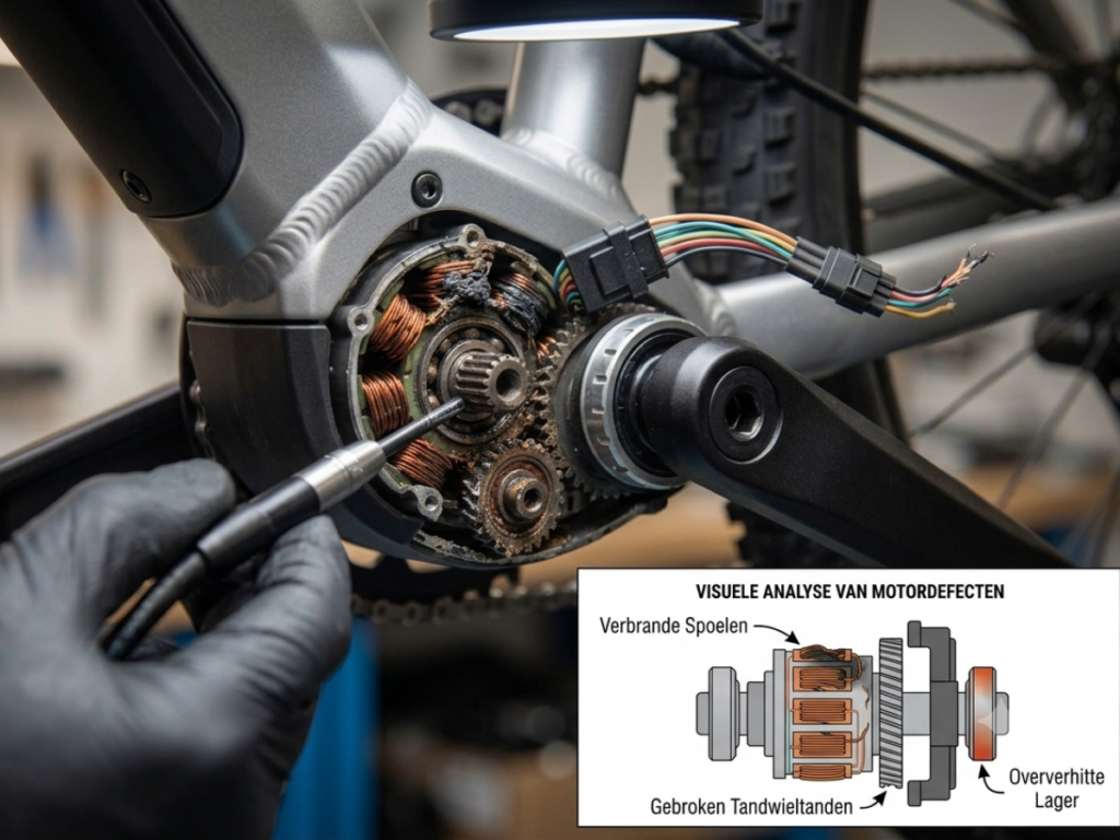 Opengewerkte middenmotor met beschadigde onderdelen die kunnen verklaren waarom een elektrische fiets trapt zwaar.