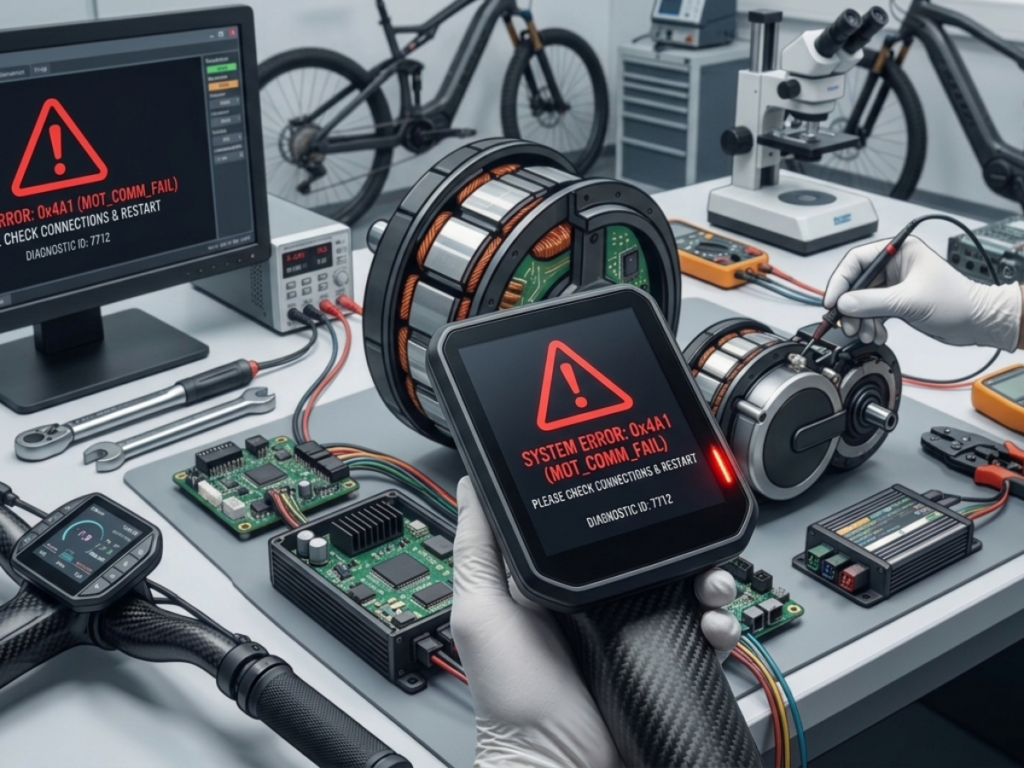 Diagnoseapparatuur controleert een defecte e-bike motor en elektronica tijdens een professionele reparatie.